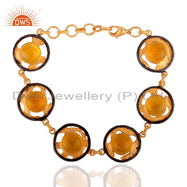 8" inch yellow chalcedony gemstone 24k gold plated bracelet filigree jewelry
