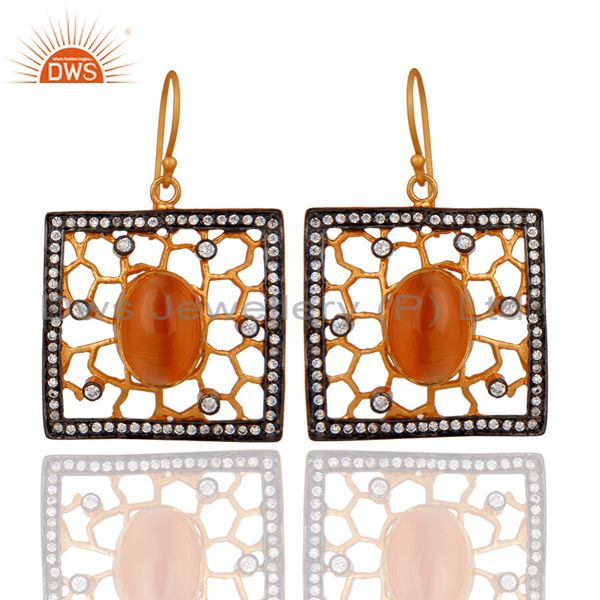 Peach Moonstone And Cubic Zirconia Handmade Designer Gold Plated Earrings