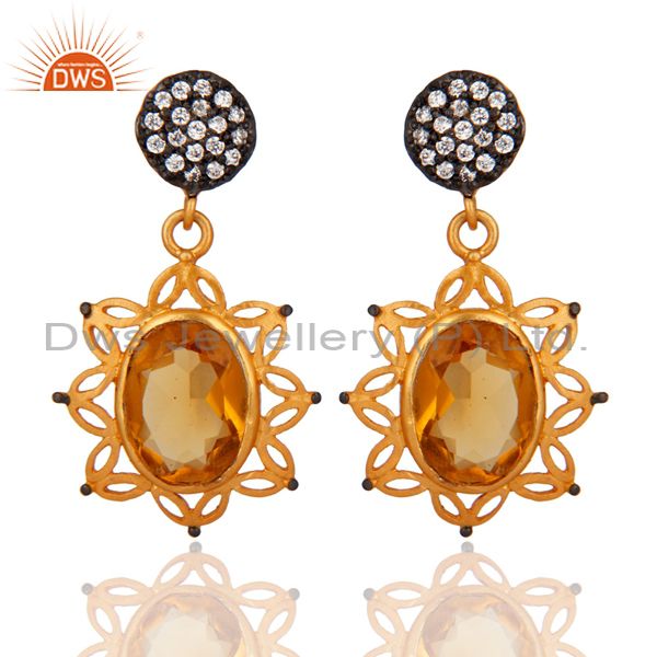 Hydro Citrine Gemstone Handcrafted 24K Gold Plated Gemstone Earrings With CZ