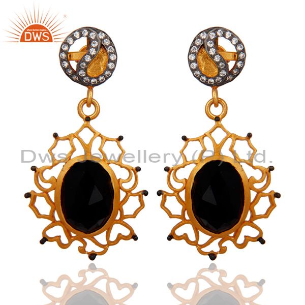Handmade 18k Gold Plated Natural Black Onyx Dangle Earring With White Zircon
