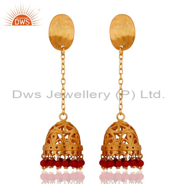Handmade 925 Sterling Silver Red Coral Designer Earrings With 18k Gold Plated