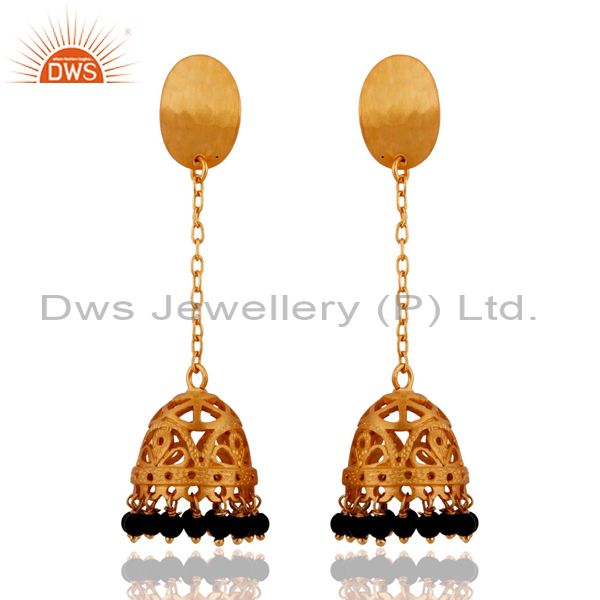 Indian Designer 925 Sterling Silver Gold Plated Black onyx Long Jhumkas Earrings