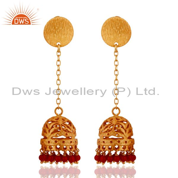 18k Gold Plated 925 Sterling Silver Brush Finish Red Coral Jhumka Style Earrings
