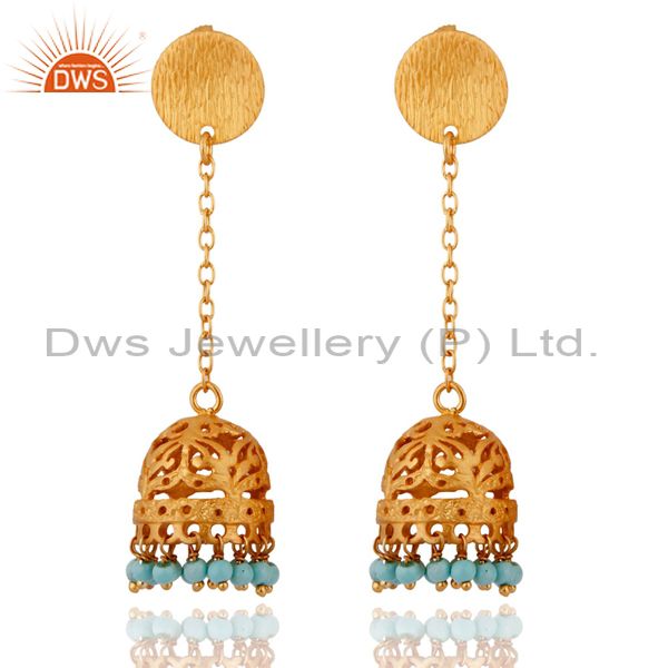 925 Sterling Silver Turquoise Jewelry 18k Gold Plated Jhumka Designer Earrings