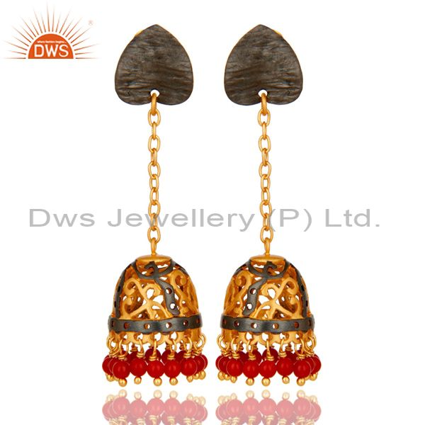 22k yellow gold plated brass red coral designer indian ethnic jhumka earrings
