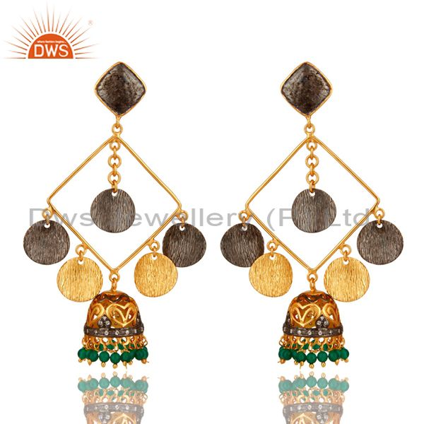 22K Yellow Gold Plated Green Onyx Brushed Finish Jhumka Chandelier Earrings