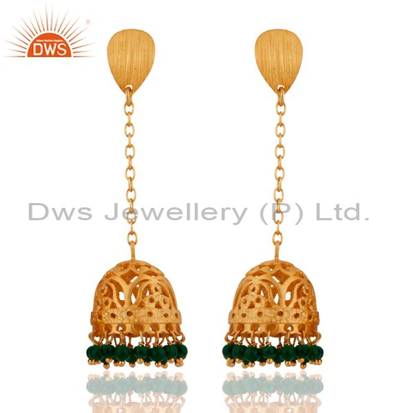 22K Yellow Gold Plated Sterling Silver Green Onyx Beads Chain Dangle Earrings