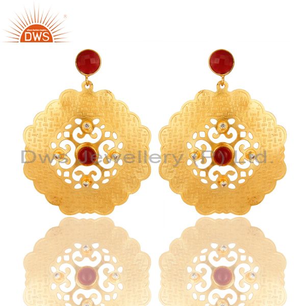 18K Gold Plated Red Aventurine And Cubic Zirconia Handmade Dangle Earrings
