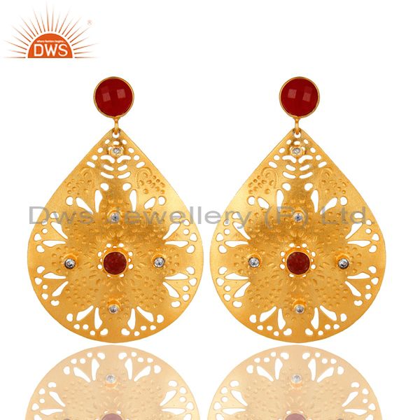 22K Yellow Gold Plated Textured Design Red Aventurine Dangle Earrings