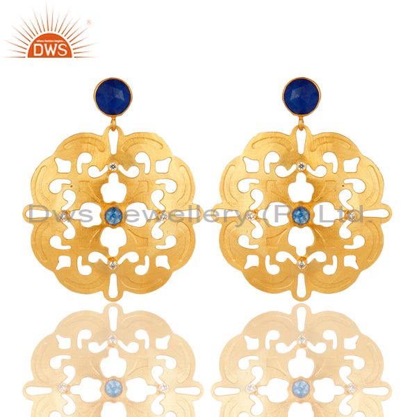 14K Yellow Gold Plated Blue Aventurine And White Zircon Designer Earrings