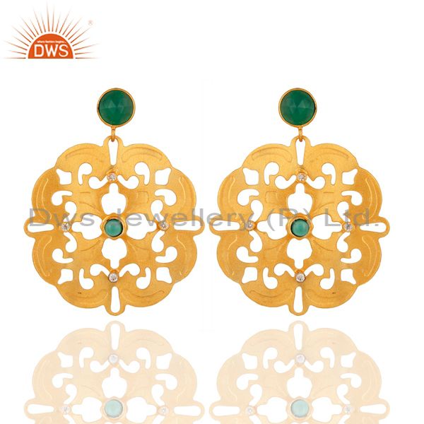 Green Onyx Gemstone Handmade Earrings - Yellow Gold Plated Designer Jewelry