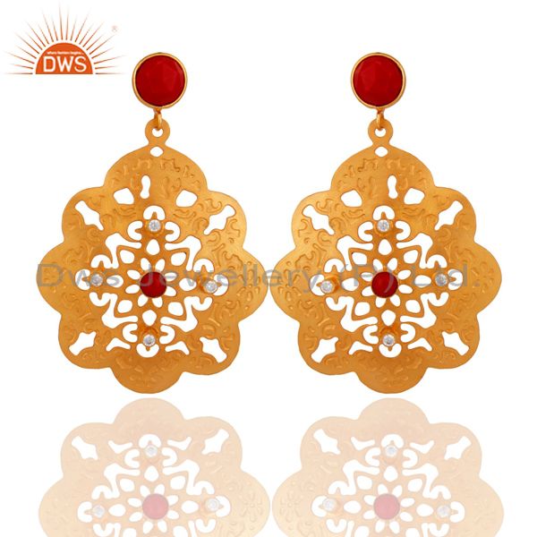 Indian Handcrafted 18K Yellow Gold Plated Coral Gemstone Filigree Design Earring