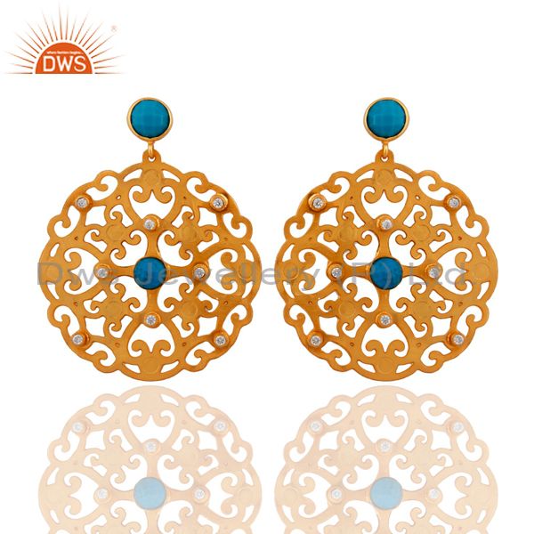 24K Yellow Gold Plated Brass Turquoise And CZ Filigree Disc Design Drop Earrings