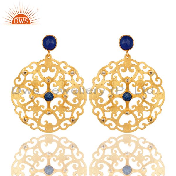 24K Yellow Gold Plated Blue Aventurine Filigree Disc Designer Earrings With CZ