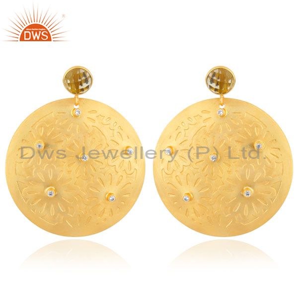 Solid Brass Metal 18k Gold Toned Lemon Quartz Disc Design Circle CZ Stud Earring