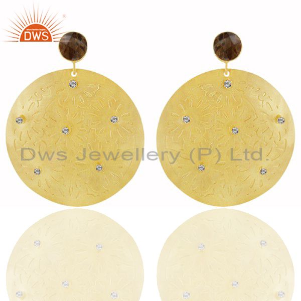 24K Yellow Gold Plated Brass Smoky Quartz And CZ Disc Design Dangle Earrings