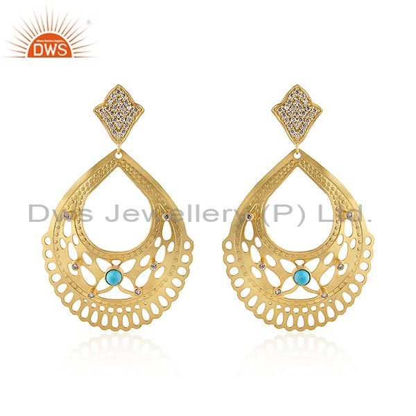 24K Yellow Gold Plated Brass Turquoise And CZ Filigree Design Drop Earrings