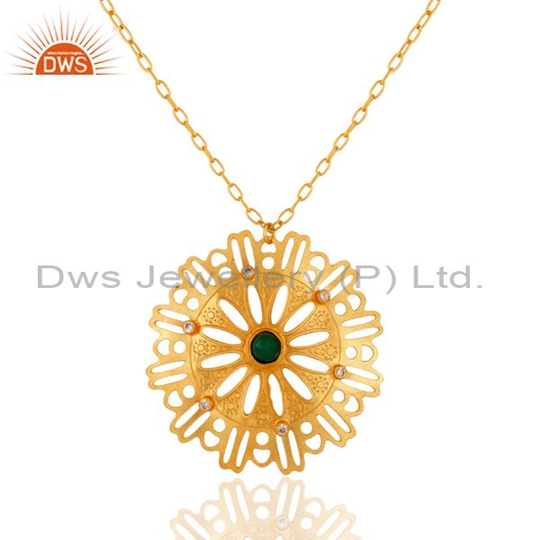 Designer green onyx gemstone pendant necklace with 22k yellow gold plated