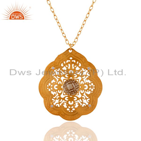 Handmade filigree design 18k gold plated lemon topaz pendant with white zircon