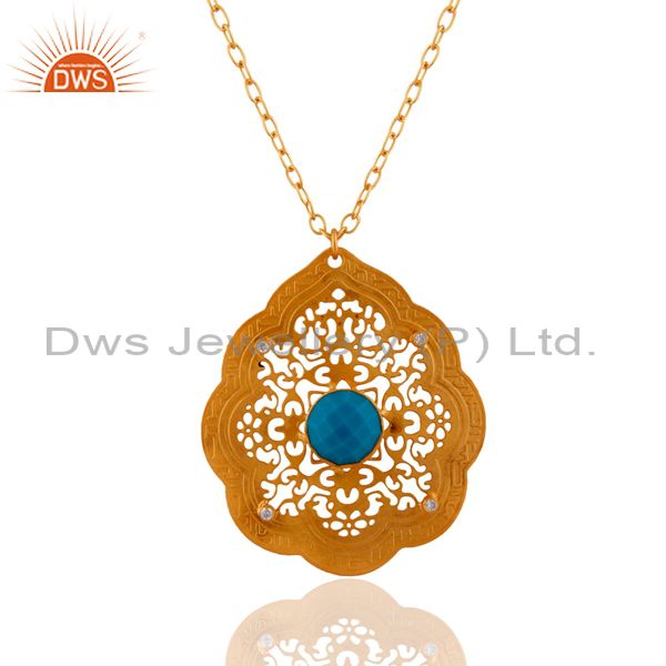 Handmade 22k yellow gold plated turquoise gemstone designer pendant necklace