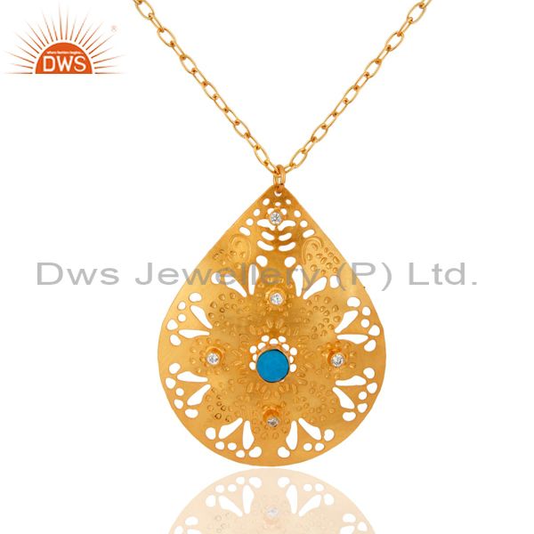 24k gold plated over brass turquoise gemstone filigree designer pendant