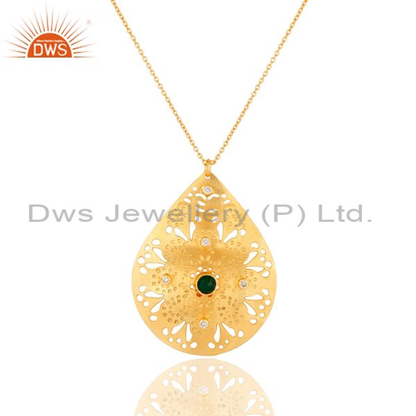 18k yellow gold plated green onyx and white zircon pendant necklace