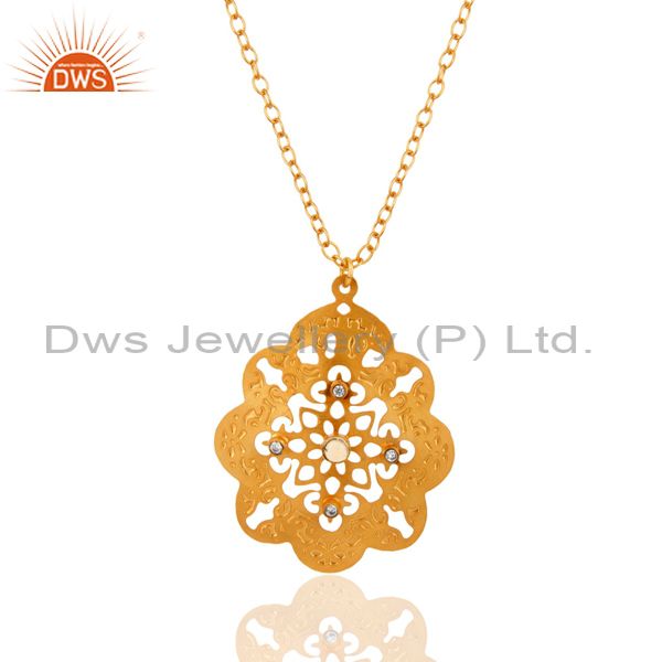 Handcrafted filigree designer 24k gold plated lemon topaz pendant necklace