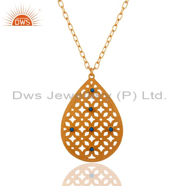 Beautifully handcrafted filigree design gold plated turquoise pendant necklace