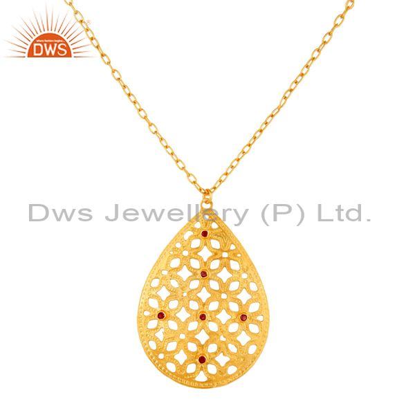 18k gold plated brass red cubic zirconia filigree pendant with 30" in chain
