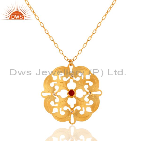 Coral cultured and cubic zirconia pendant chain made in 18k yellow gold on brass