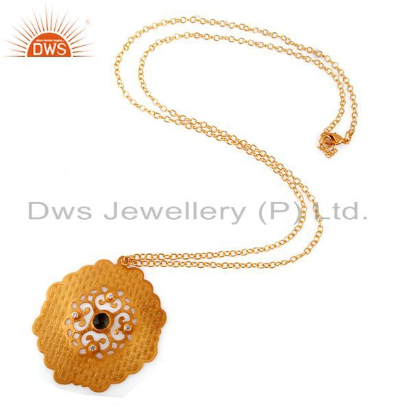 24k gold plated brass filigree lemon topaz and cz fashion pendant with chain
