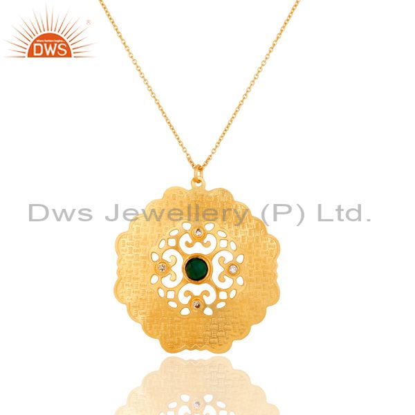 18k gold plated brass green onyx and cz fashion disc pendant with chain