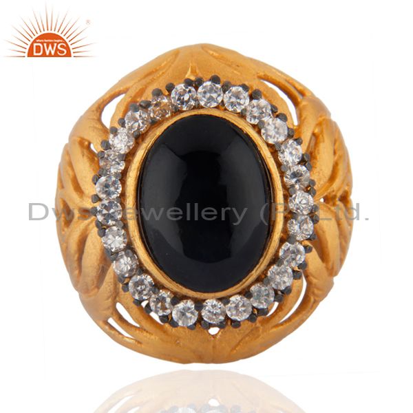18K Yellow Gold-Plated Filigree Designs Black Onyx & CZ Handmade Ring Jewelry