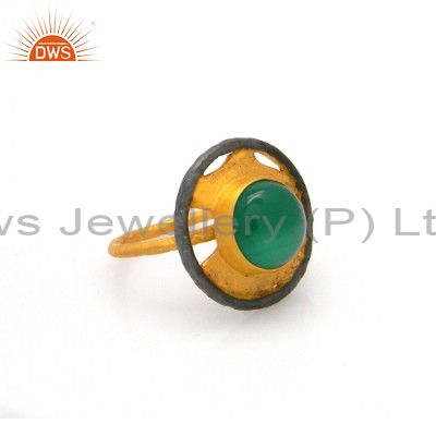 Handmade Green Onyx Gemstone Cocktail Ring Made In 22K Yellow Gold Over Brass