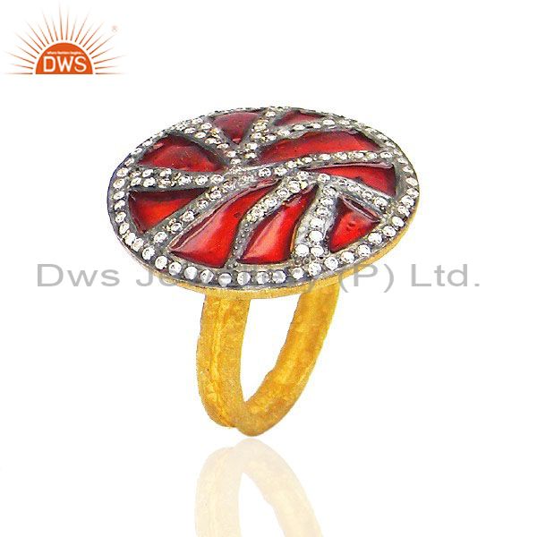22K Yellow Gold Plated Cubic Zirconia Cocktail Fashion Ring With Red Enamel