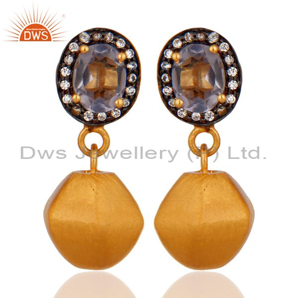 Hydro Iolite Gemstone And Cubic Zirconia Designer Earrings In 18K Gold On Brass