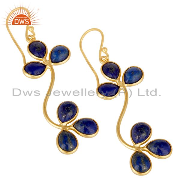 Handmade Lapis Lazuli Gemstone Dangle Earrings Made In 22K Gold Over Brass