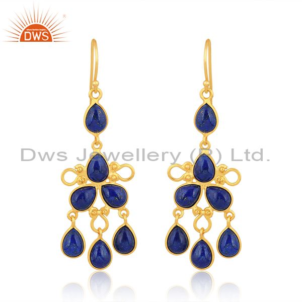 24K Yellow Gold Plated Brass Lapis Lazuli Gemstone Fashion Dangle Earrings