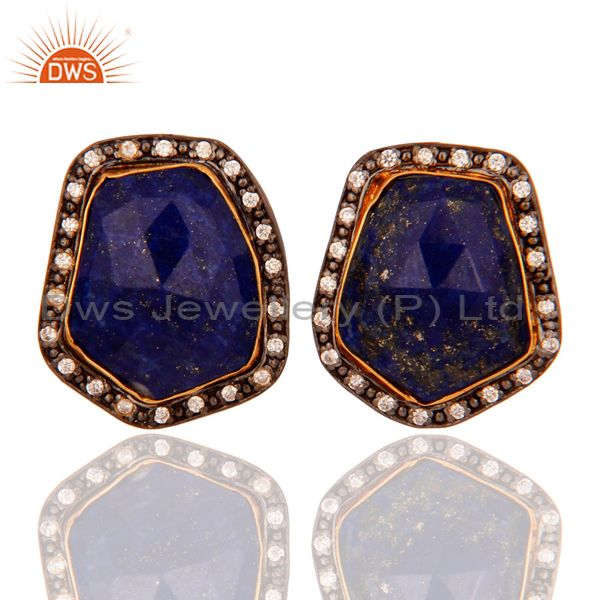 18k Yellow Gold Plated Natural Lapis Lazuli Gemstone Women Stud Earrings