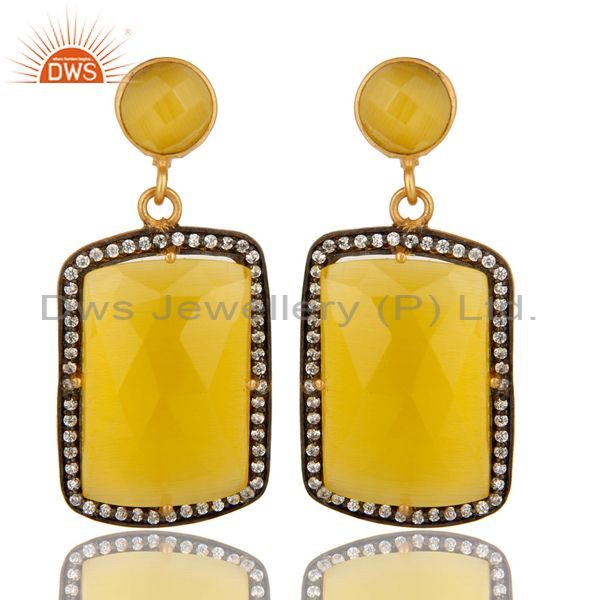 18K Yellow Gold Plated Yellow Moonstone Prong Set Dangle Earrings With CZ