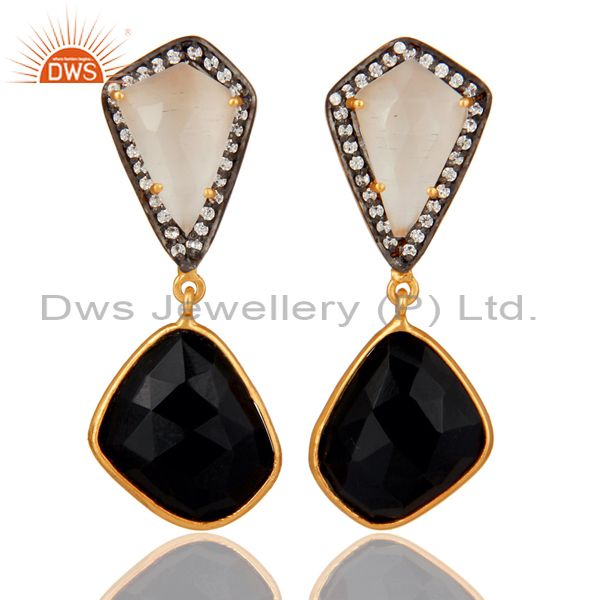 White Moonstone Black Onyx and White CZ 18K Gold Plated Dangler Drop Earring