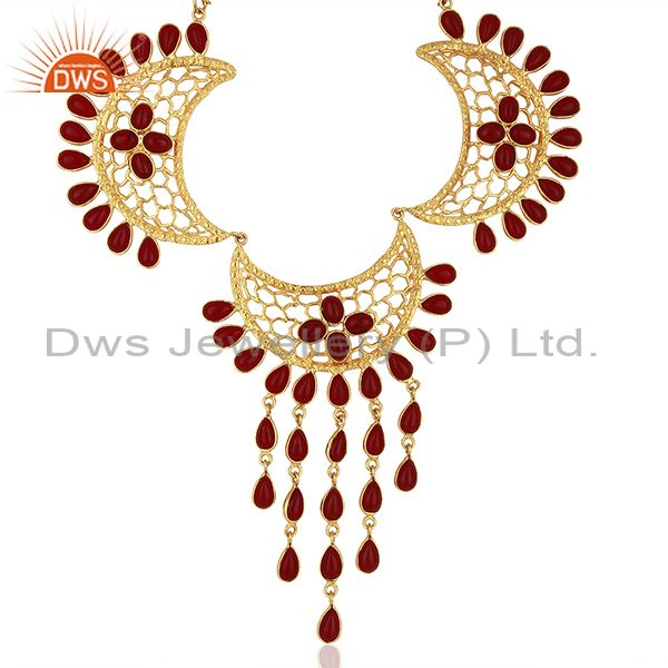 Hydro pink gemstone gold plated designer fashion necklace jewelry