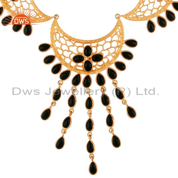 Natural semi precious stone black onyx half moon designer 18k gold gp necklace