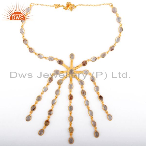 Fabulous golden rutilated quartz gemstone 18k gold plated chandelier necklace