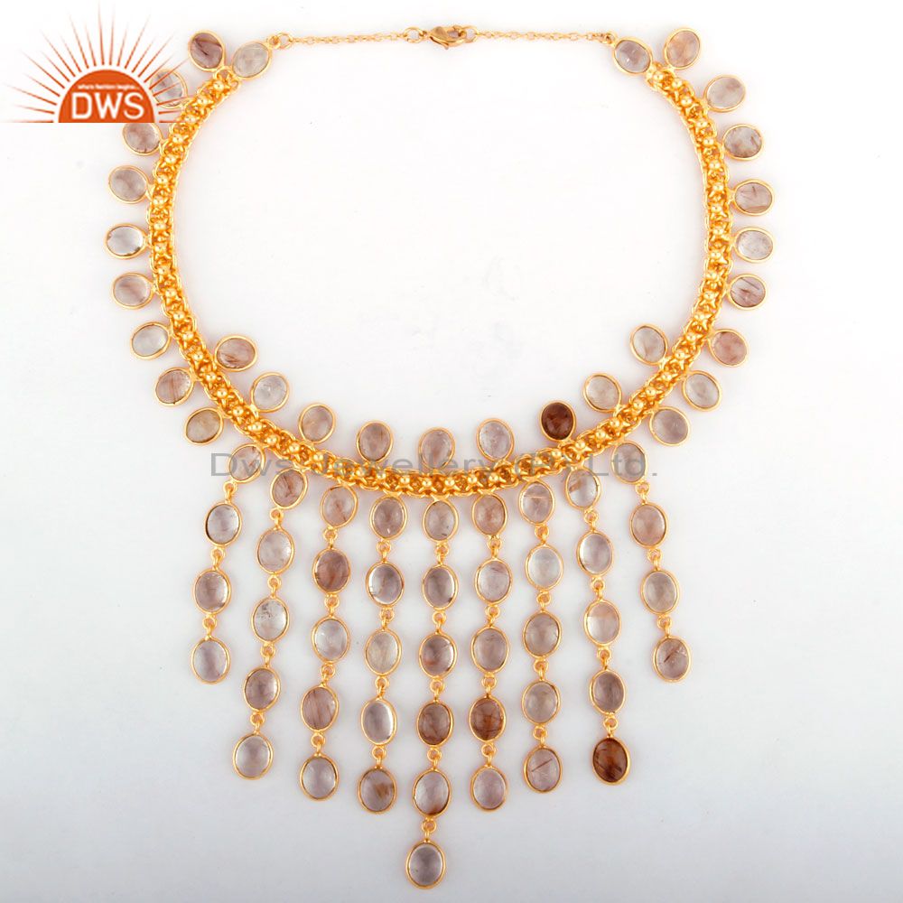Natural rutilated quartz gemstone drop necklace in 18k yellow gold plated
