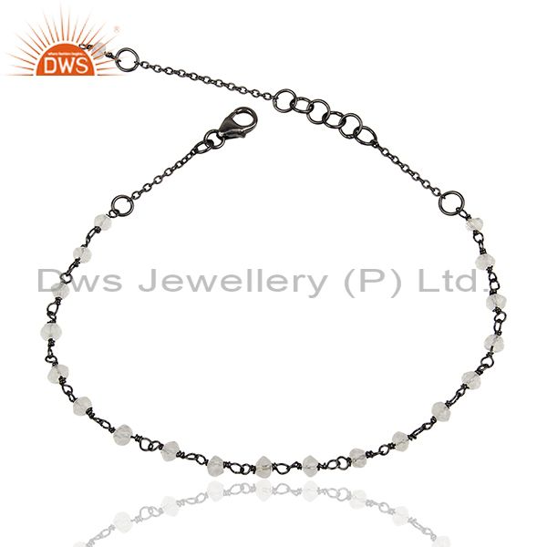 Beaded crystal quartz black solid 925 silver chain bracelet jewelry