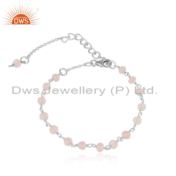 Handcrafted rose quartz bead bracelet in sterling silver 925