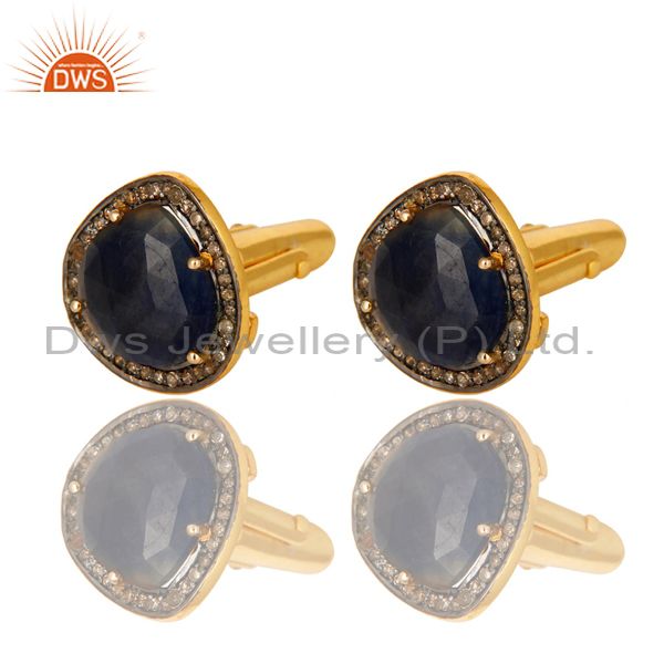 Pave diamond blue sapphire cufflinks in 18k gold over sterling silver jewelry