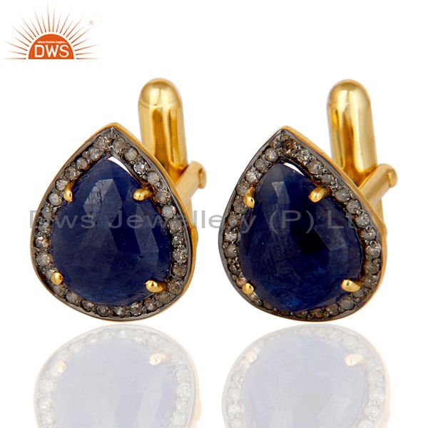 Blue sapphire and pave diamond 18k gold plated 925 silver cufflink mens jewelry