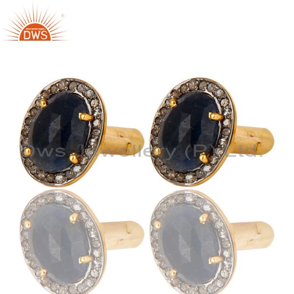 Pave diamond and blue sapphire cufflinks made in 18k yellow gold sterling silver